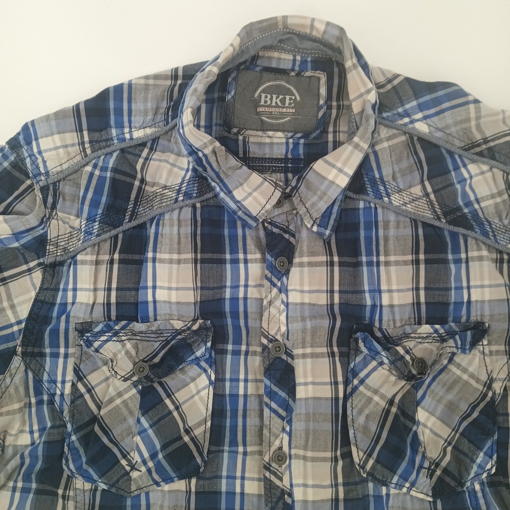 BKE Mens XXL Standard Fit‎ Blue Grey Plaid Short Sleeve Button Down Shirt 82271